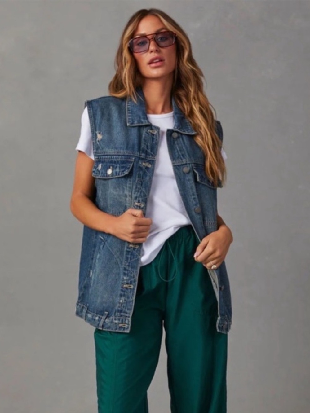 Free People We The Free Oversized Classic Sleeveless Denim Vest in Medium Blue